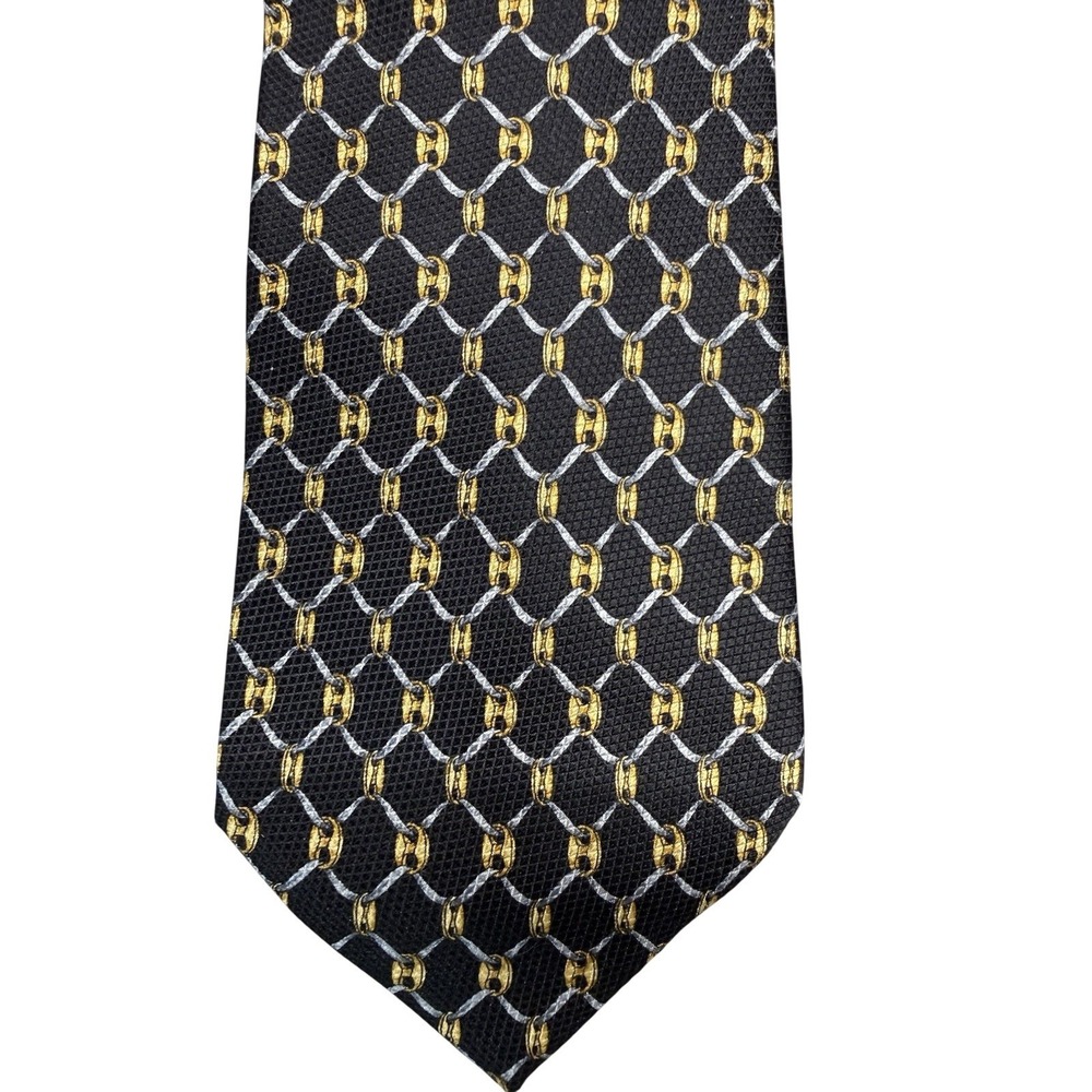 Today's Man 100% Silk Tie W/‎ Gold & Silver Chain Pattern Navy Background Italy
